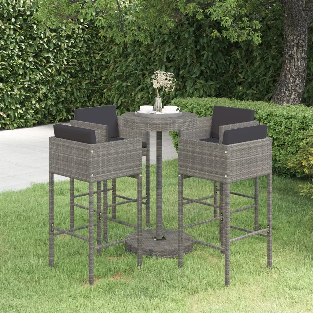 Set da Bar da Giardino 5 pz | Set Salotto da Giardino con Cuscini in Polyrattan Grigio