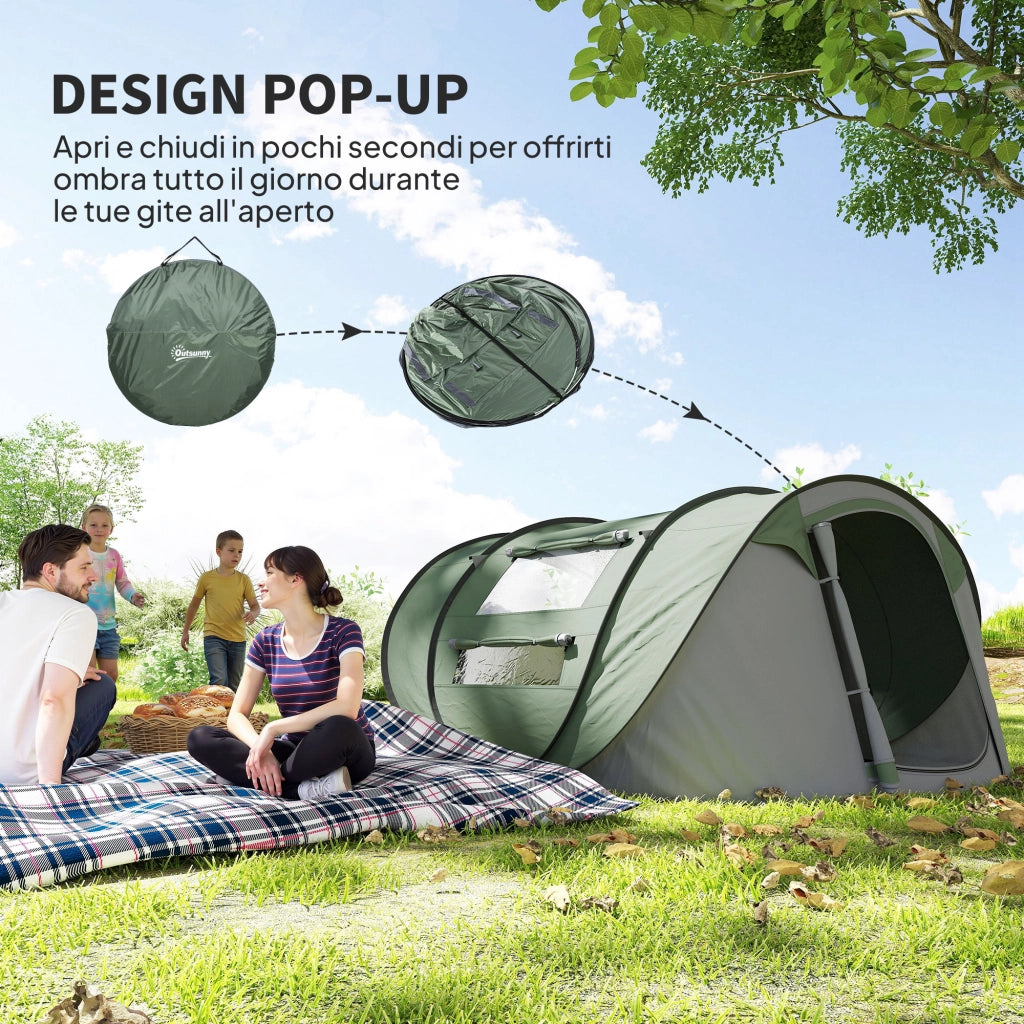 Tenda da Campeggio Pop-Up 2 Posti ¨C Xylo ¨C Impermeabile con 2 Porte e 4 Finestre, 263.5x220x123 cm, Verde Scuro