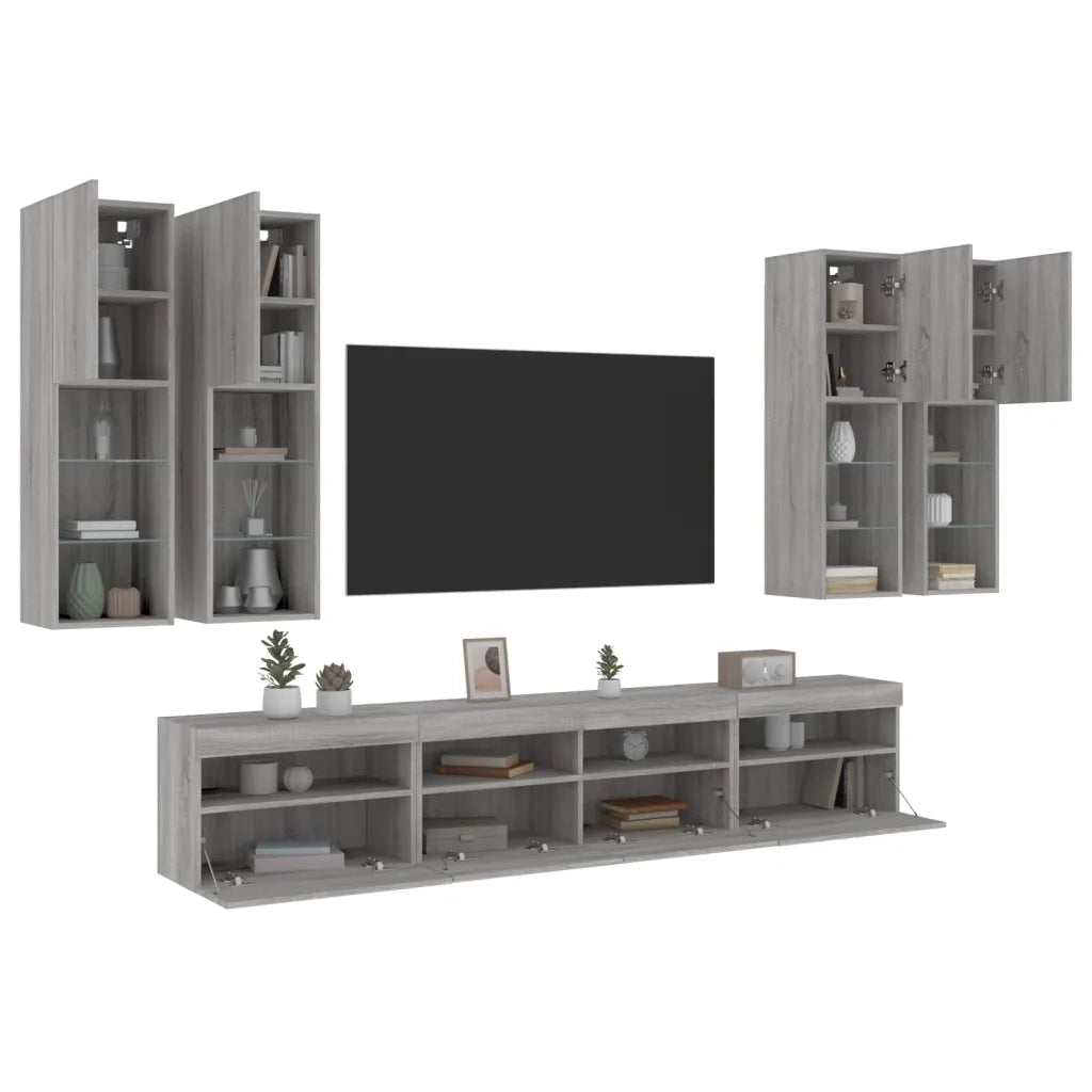 vidaXL Set Mobili TV a Muro 7 pz con Luci LED Grigio Sonoma