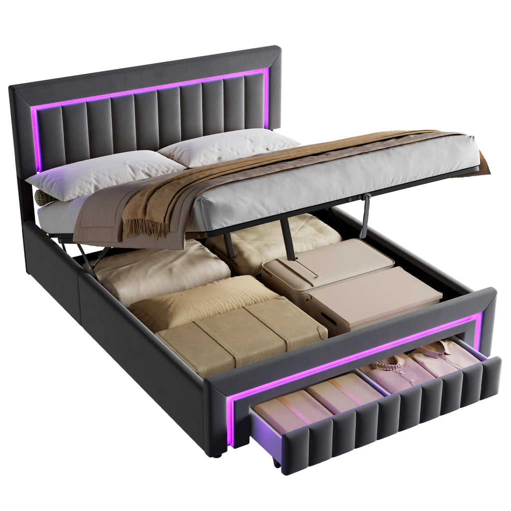 Letto matrimoniale imbottito 160x200 cm grigio scuro in velluto con LED e cassetti