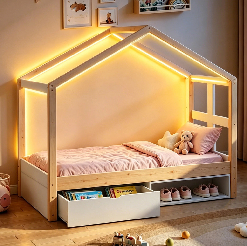 Letto singolo a casetta 90x190 cm con cassetto, scarpiera e LED