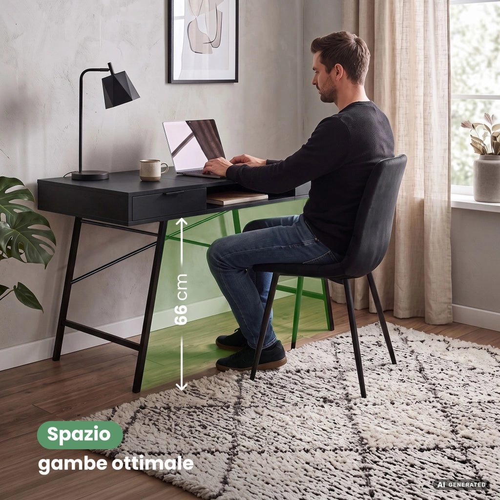Scrivania industriale per computer Nera ARDEN 120 cm 2 cassetti 1 ripiano gambe nere