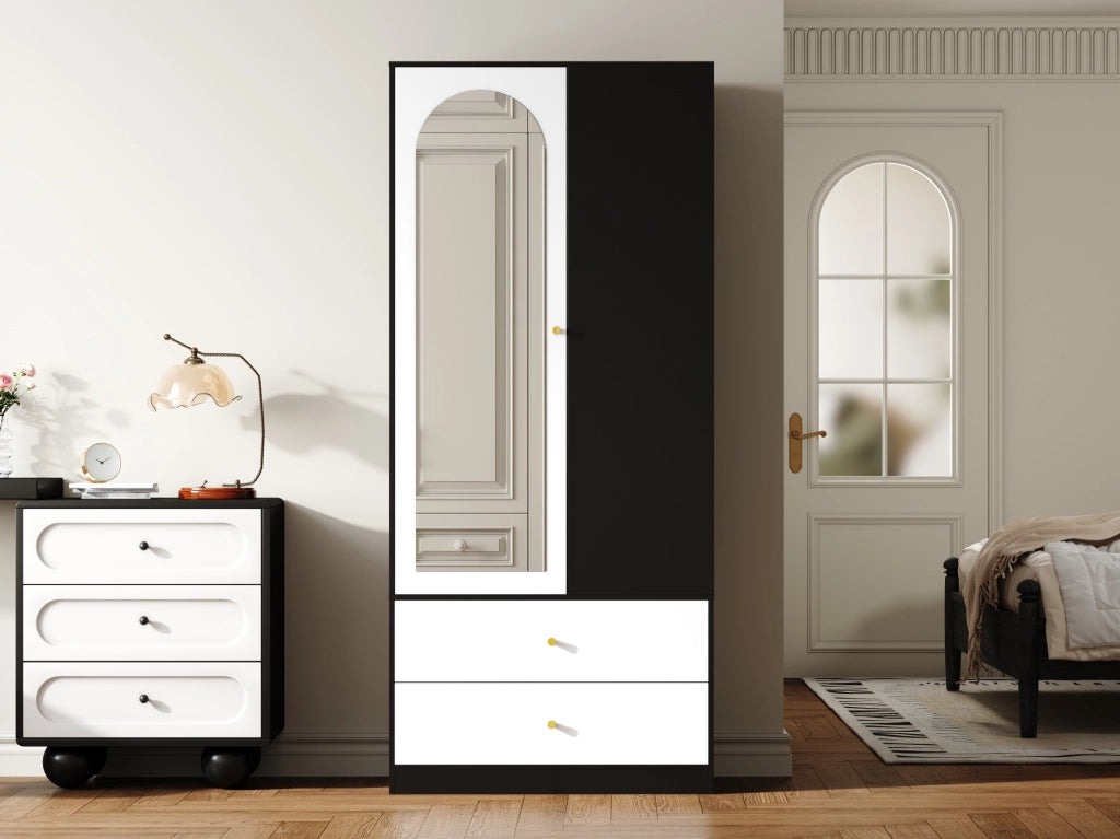 Armadio bianco e nero con specchio, 1 anta, 2 cassetti e 4 ripiani, 80x40x180 cm