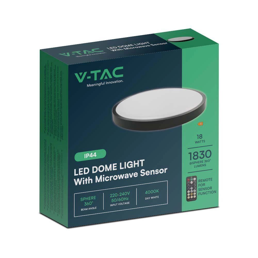 Plafoniera LED 18W tonda 30cm nera sensore+tele IP44 V-TAC
