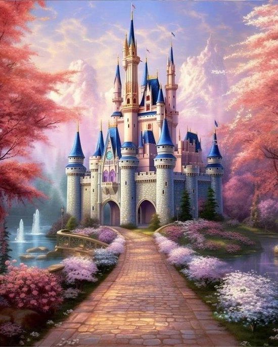Scheda di decorazione con diamanti - quadro di punto croce a cartone - set di foto su tela con diamanti e cristalli - bordo di punto croce - decorazione per adulti e bambini - decorazione per parete - castello rosa