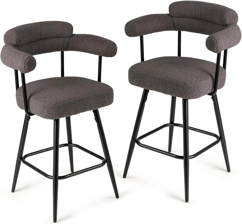 Set di 2 Sgabelli da Bar Girevoli Altezza 69 cm, Sedie Moderne Imbottite con Tessuto Boucle, Schienali Curvi e Gambe in Metallo, Sedie Girevoli per Isola Cucina, Casa, Bianco/Grigio (Grigio)