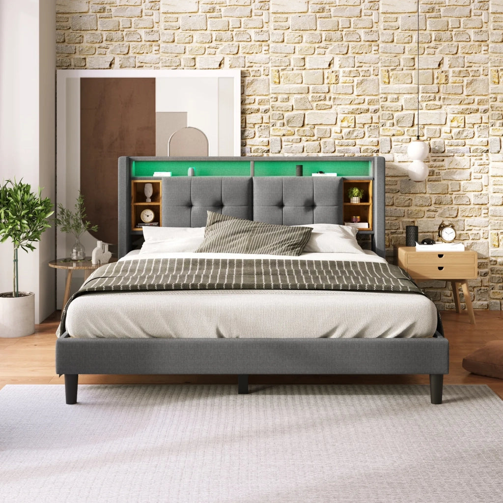Letto matrimoniale imbottito 160x200 cm con LED; USB; presa; testiera contenitore e rete; grigio