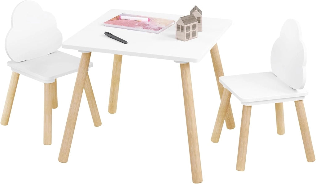 Set di Tavolo e Sedie per Bambini a 3 Pezzi, Tavolino Bambini con Sedie Montessori, Tavolo in Legno e 2 Sedie, per Cameretta, Camera da Letto, Bianco