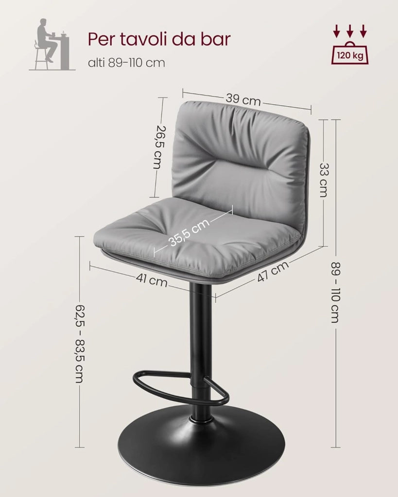 VASAGLE Set di 2 Sgabelli da Cucina, Sgabelli da Bar, Regolabili in Altezza con Rivestimento in PU, Girevole a 360°, Sedia da Bar con Schienale e Poggiapiedi, Grigio LJB094G01