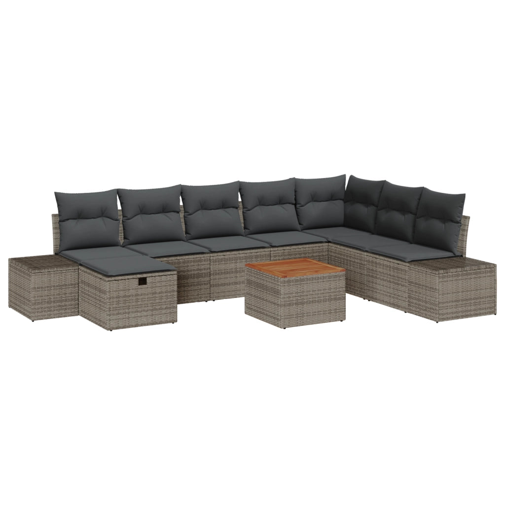 Set divano da giardino 9 pezzi con cuscini grigi in rattan