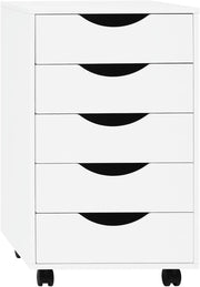 Scrivania a Piedistallo con 5 Cassetti, Schedario Rotante, Comodino, Mobile per Ufficio, Camera da Letto, in Legno Ingegnerizzato PB, Bianco, 40x40x66,5cm, ASK14ws