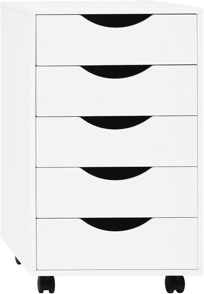 Scrivania a Piedistallo con 5 Cassetti, Schedario Rotante, Comodino, Mobile per Ufficio, Camera da Letto, in Legno Ingegnerizzato PB, Bianco, 40x40x66,5cm, ASK14ws