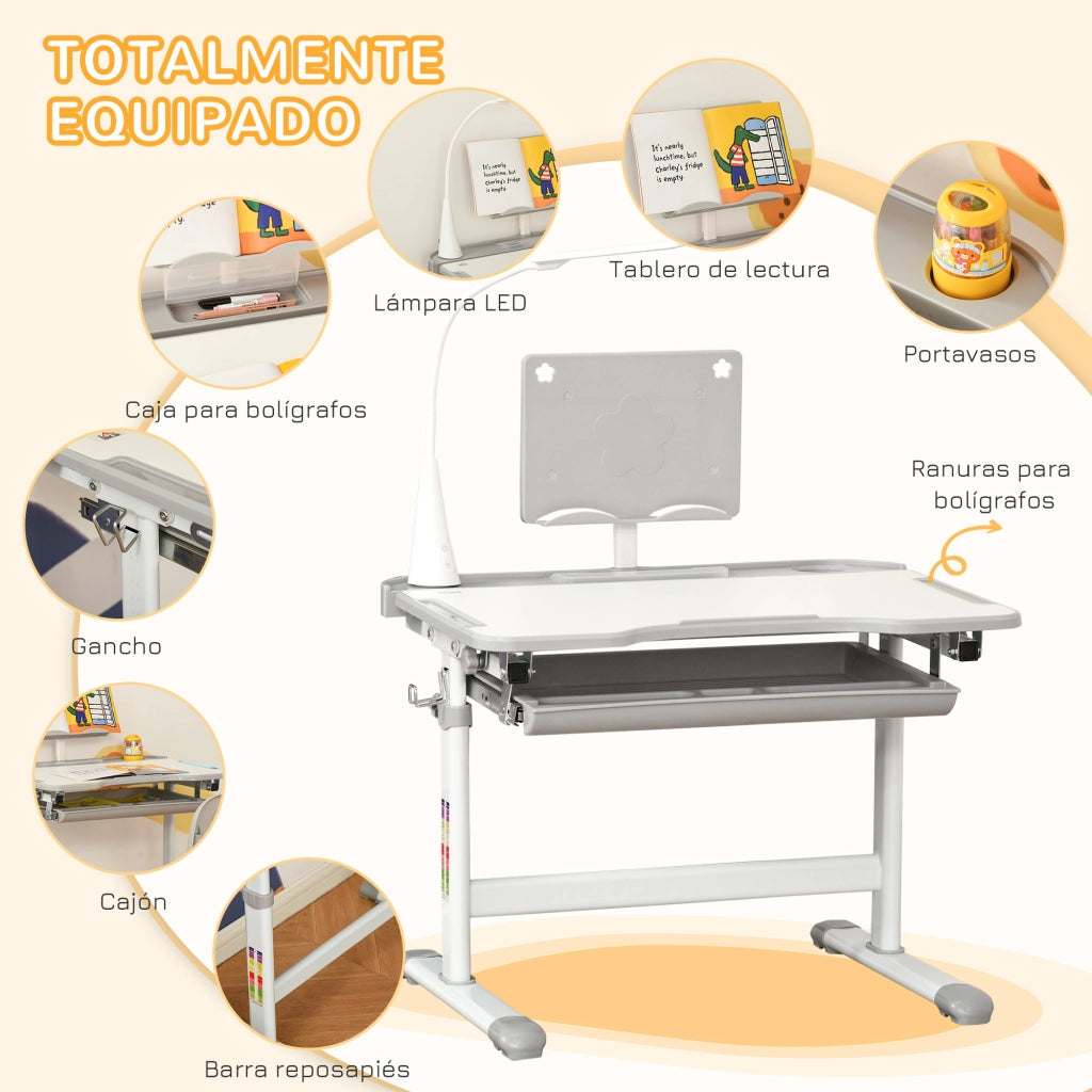 Scrivania con Sedia per Bambini ¨C Xylo ¨C Regolabile con Lampada Cassetto Scaffale Grigio