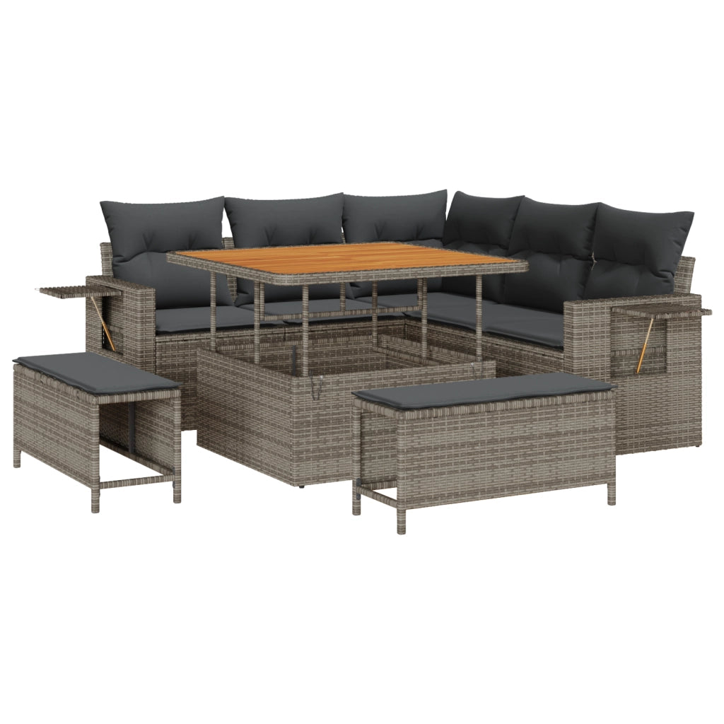 Set Divano da Giardino da 8 Pezzi con Cuscini Grigi in Polyrattan Acacia