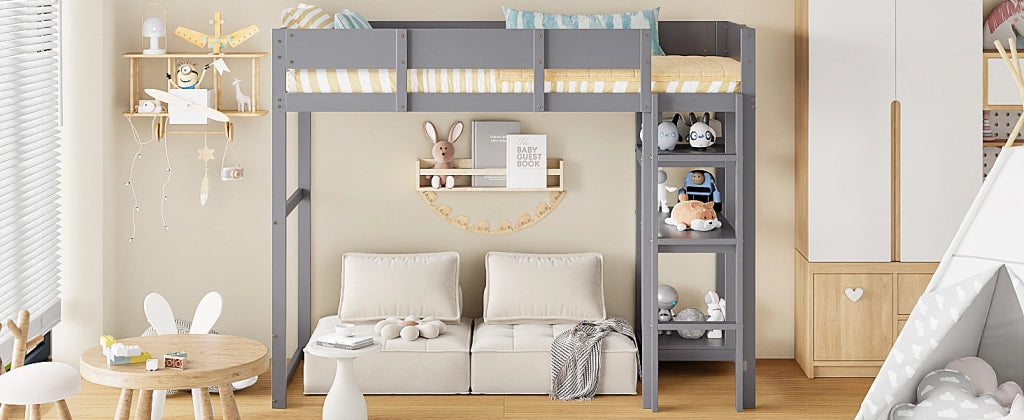 Letto a soppalco per bambini 90 × 200 cm con ripiano e barriere di sicurezza, senza materasso, in legno grigio