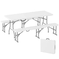 Set da Pic Nic Pieghevole a 3 Pezzi con Tavolo e 2 Panche in HDPE e Metallo, Bianco e Grigio Chiaro