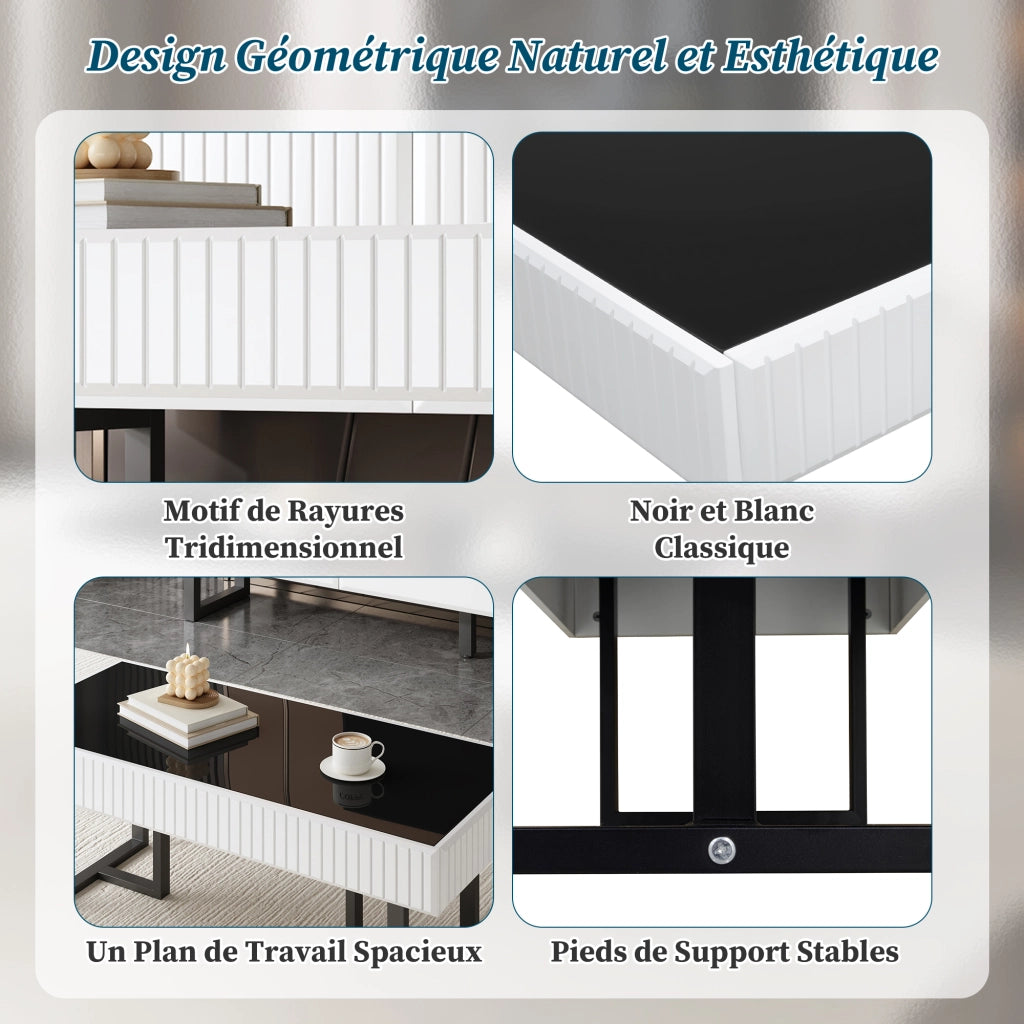 Tavolino da Caffè con Struttura in Ferro; Piano Nero Lucido Parziale; Stile Moderno; in MDF e Truciolare; Nero Bianco