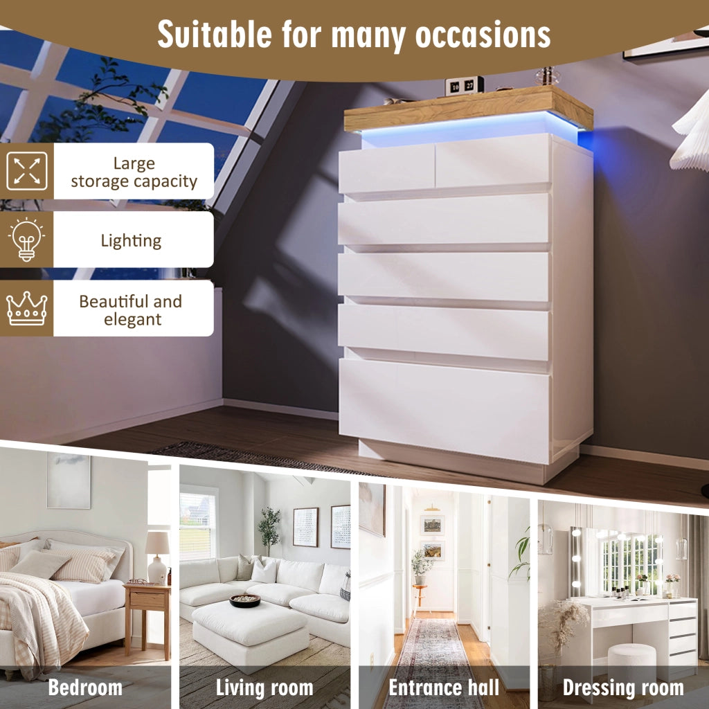 cassettiera con 6 cassetti e LED in pannello truciolare e MDF bianco per soggiorno e camera 115 × 73 × 39 cm