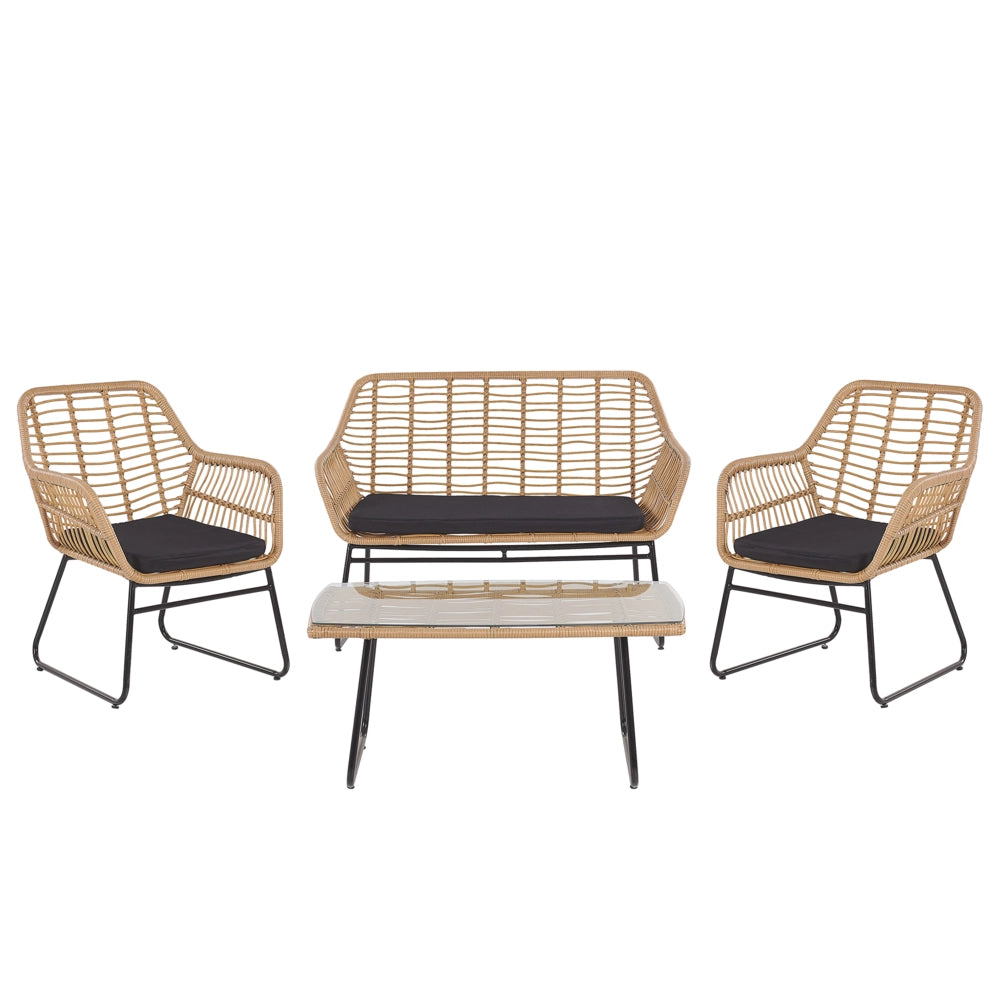 Set divano da giardino per conversazione in finto rattan Nero con imbottiture per sedile e tavolino da caffè