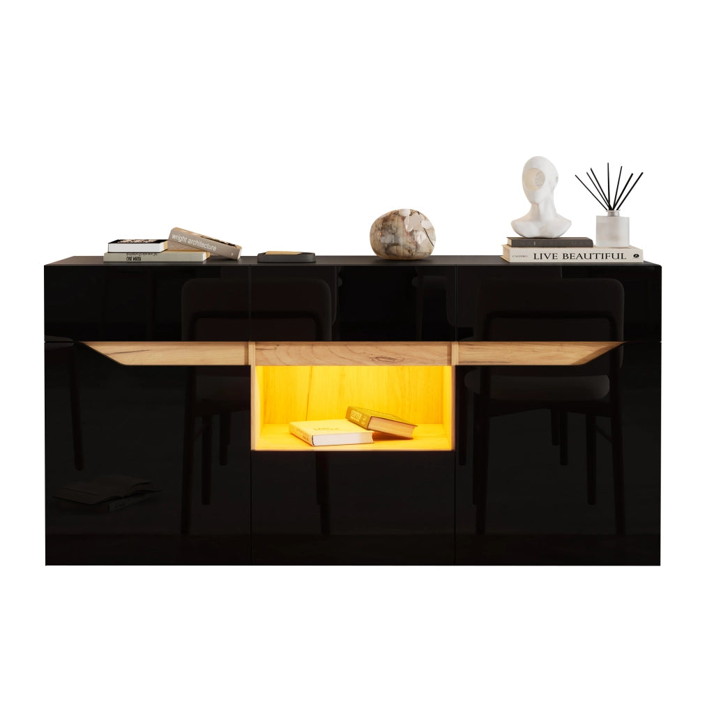 Credenza Soggiorno con LED ¨C Xylo ¨C 4 Cassetti, Legno e Nero Lucido, 140x40x70 cm