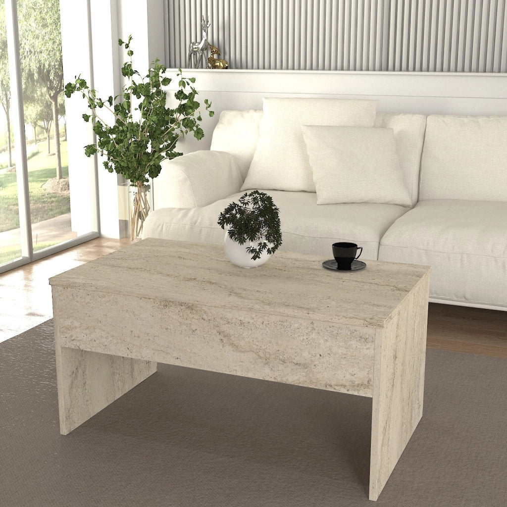 Tavolino "Akilli" con contenitore in legno - 90 x 45 x 52 cm - Travertino