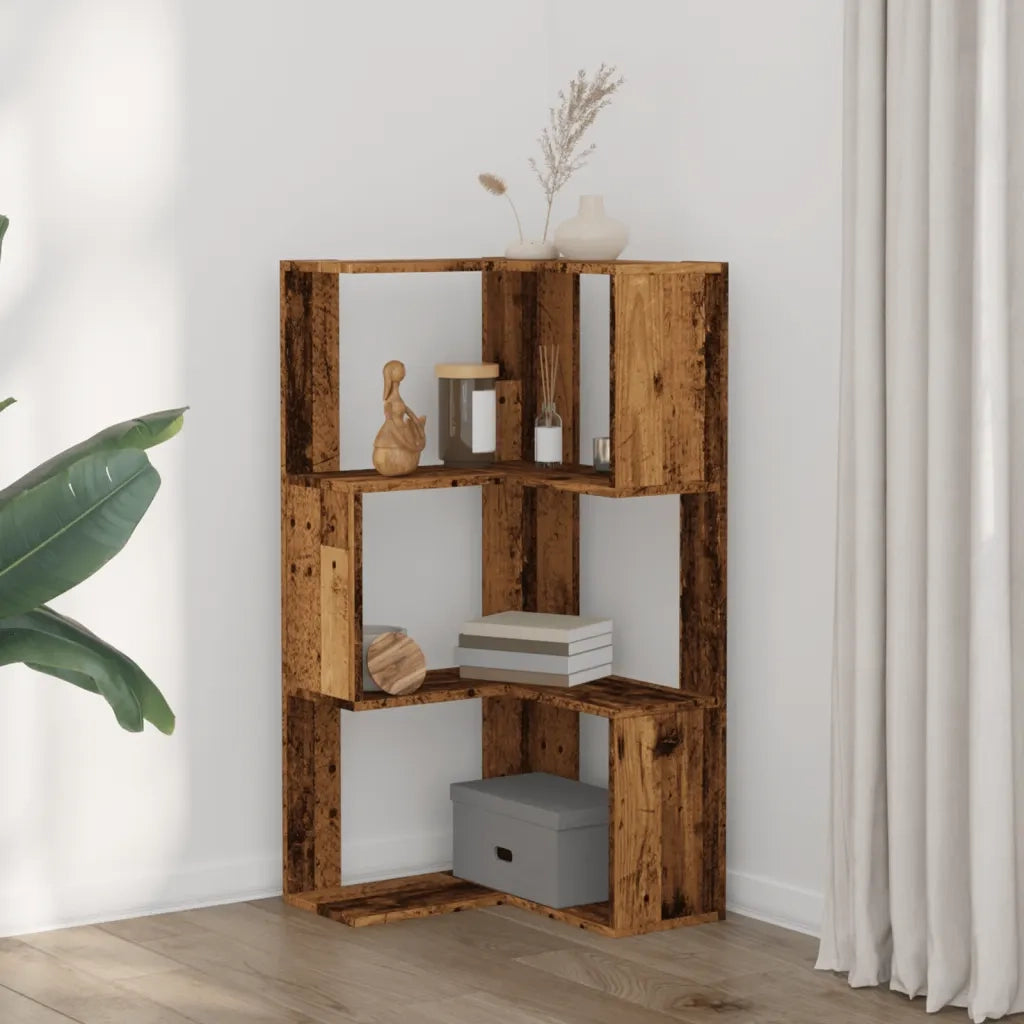 Libreria Angolare 3 Ripiani-Scaffale per Libri-Mobile di Stoccaggio Legno Vecchio 50x50x102 cm Legno