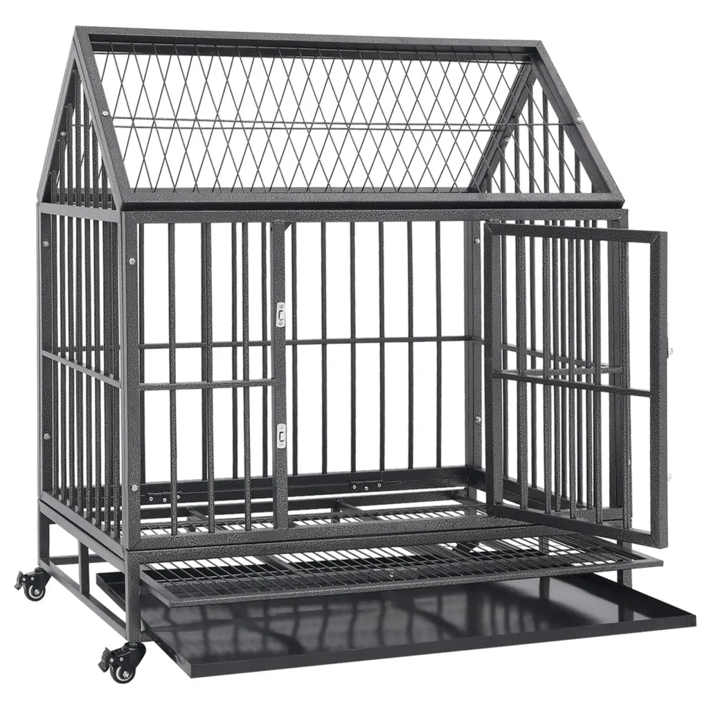 Gabbia per Cani con Ruote in Acciaio e Tetto 92x62x106 cm 171493