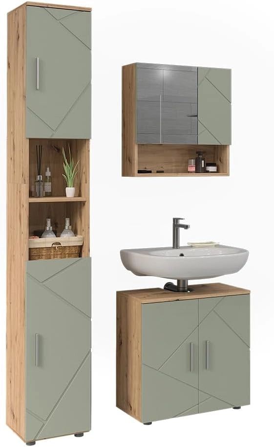 Set di mobili da bagno Irma, Verde salvia, 60 cm, composto da mobile sottolavabo, specchiera e colonna alta