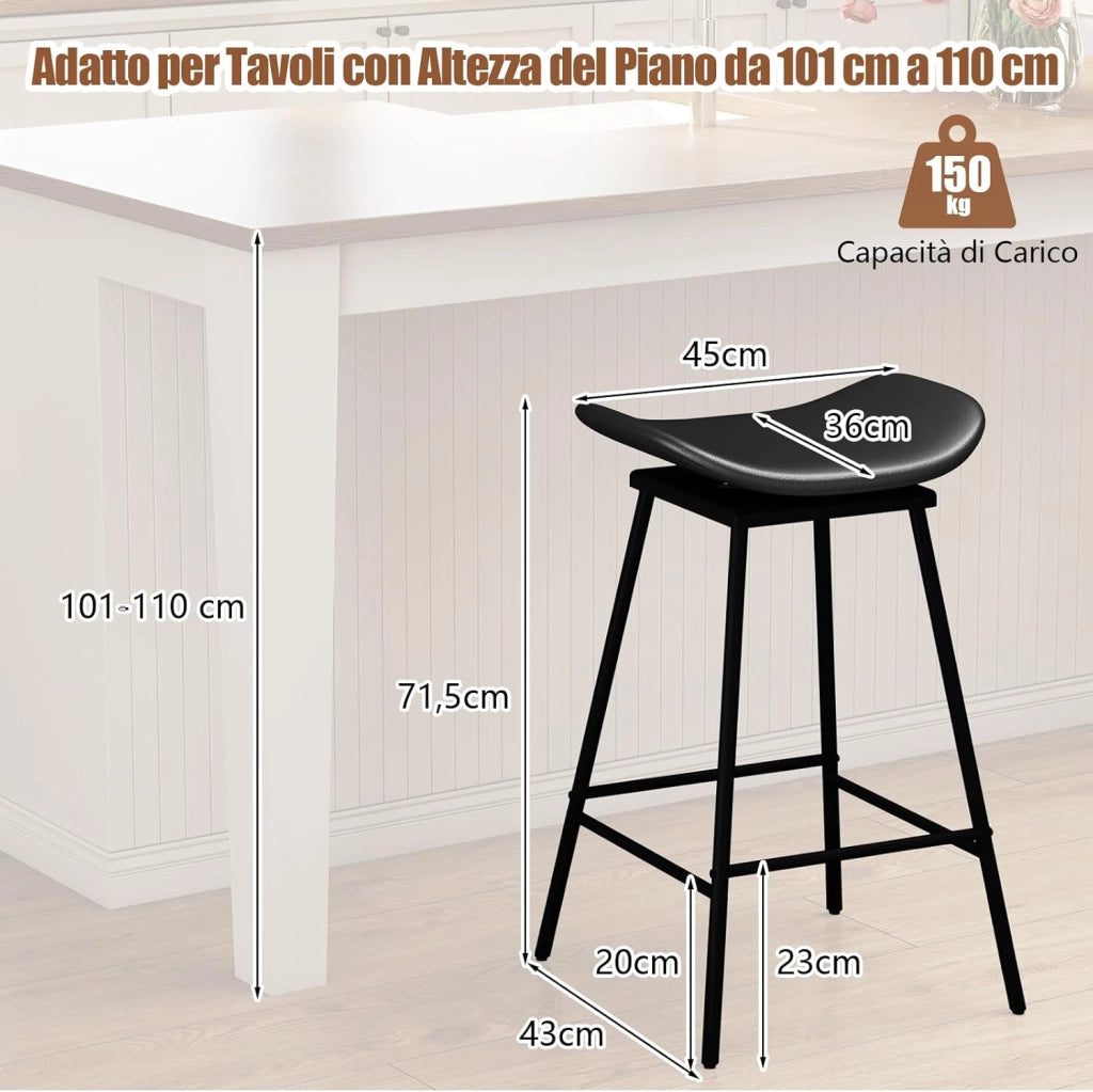 Set di 2 Sgabelli da Bar Girevoli, Sedie Alte Senza Schienale in Pelle Sintetica con Sedile a Sella Imbottito e Poggiapiedi, Portata 150 kg, per Isola della Cucina e Sala da Pranzo (Nero)