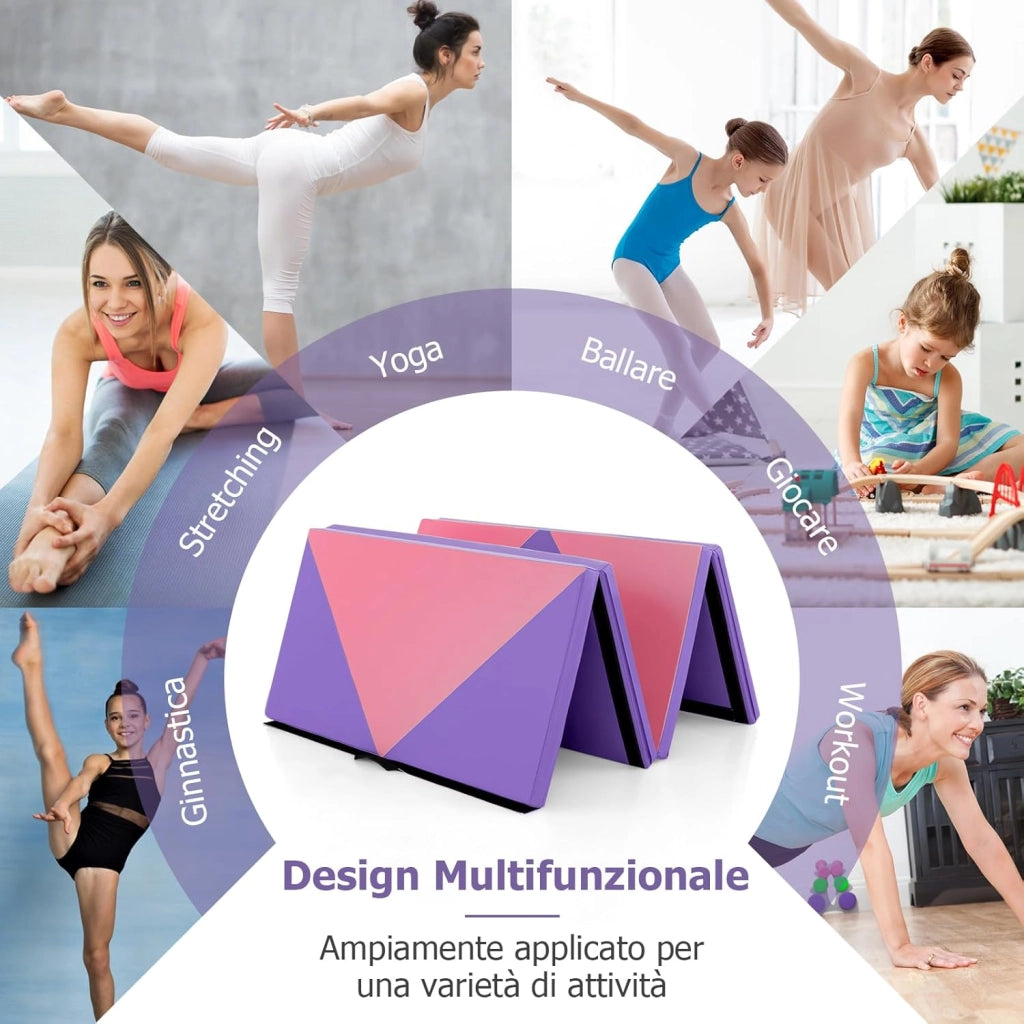 Tappetino Ginnastica Pieghevole 240 CM, Tappetino Fitness con Maniglie e Chiusure a Strappo per Stretching, Yoga, Arti Marziali da Casa e Palestra