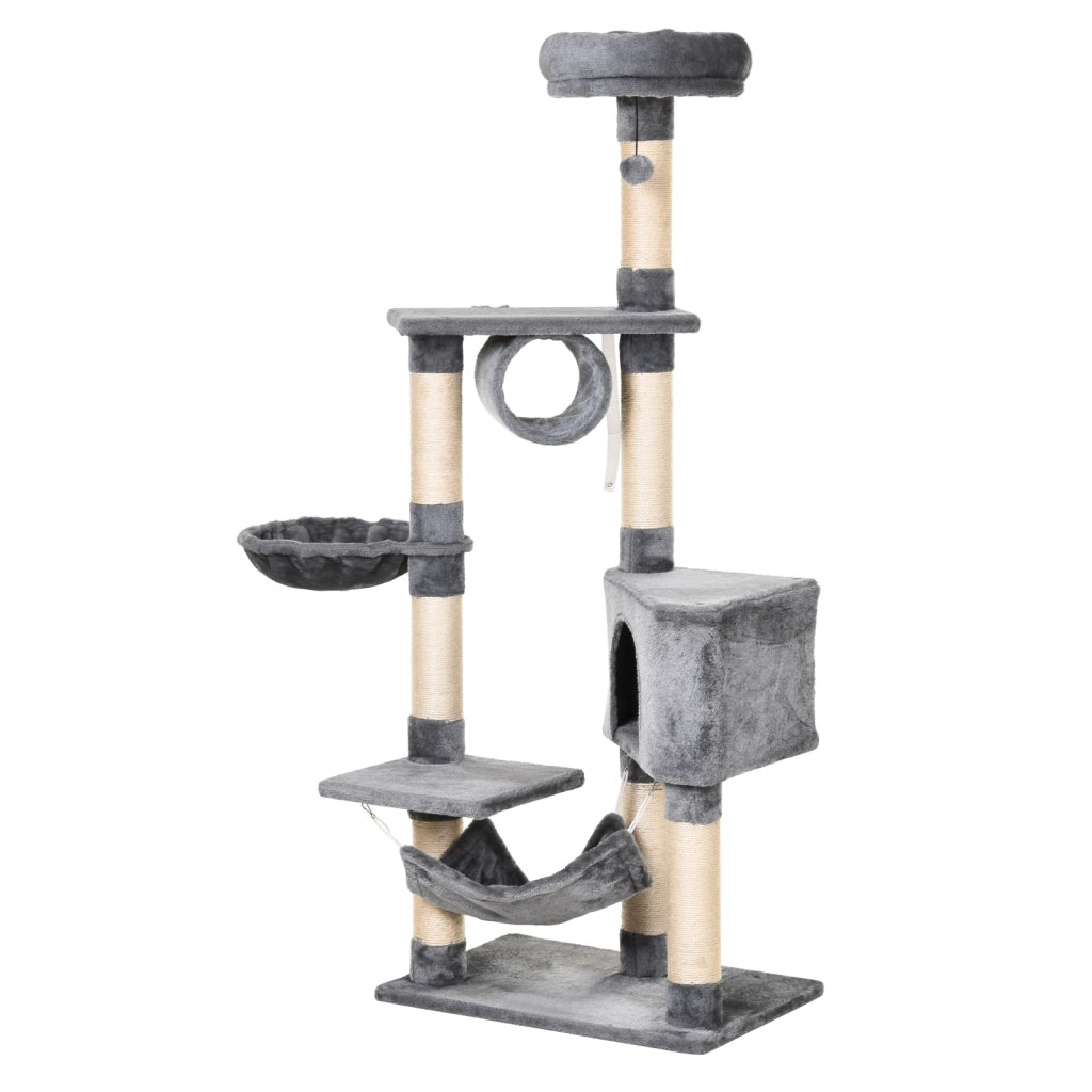 Torre per Gatti con Piattaforme T¨²nel Amaca e Posti di Riscatto ¨C Zephmum ¨C Grigio 60x40x154 cm