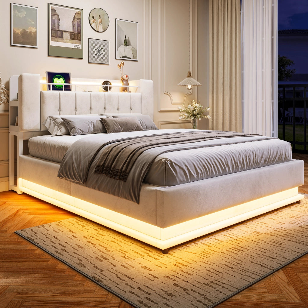 Letto matrimoniale imbottito 160x200 cm con LED; porte USB e contenitore idraulico; beige