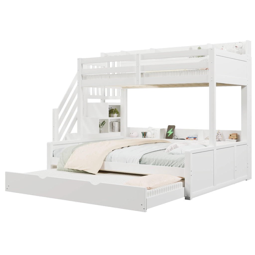 Letto a castello 90×200 cm e 140×200 cm 4 posti, estraibile 90×190 cm, USB e scale contenitore, senza materassi