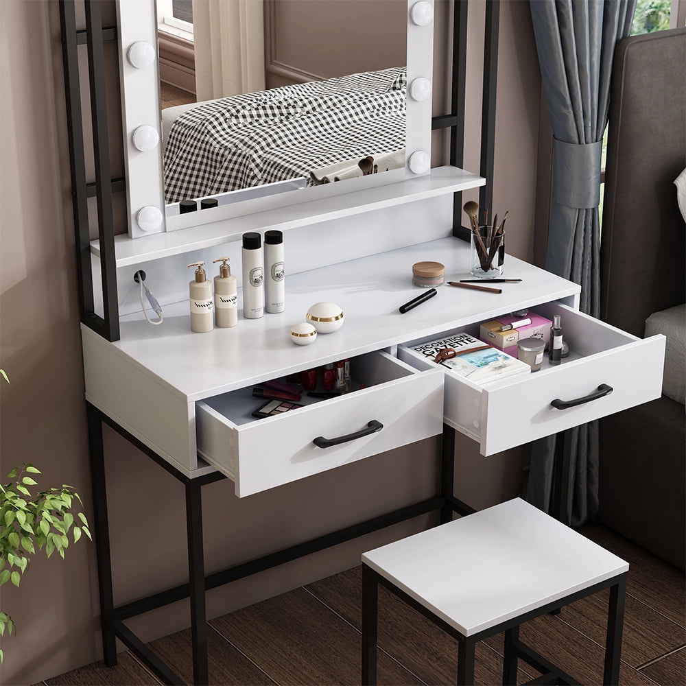 Vicco Tavolo da toilette Bianco 90 cm Con illuminazione a LED e sgabello