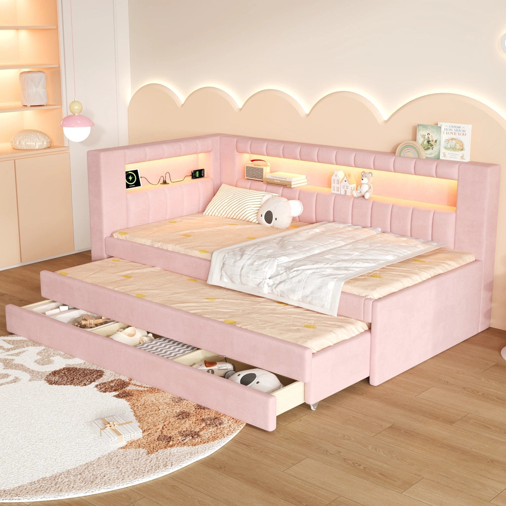 Letto imbottito rosa 90x200 con LED a 7 colori; USB e letto estraibile