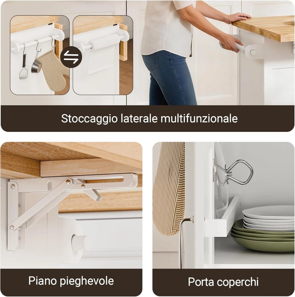 isola cucina con ruote carrello da cucina con piano di lavoro pieghevole mobile cucina con ruote penisola cucina piano lavoro Bianco 115x92x(46-71) cm FKW71-III-WN