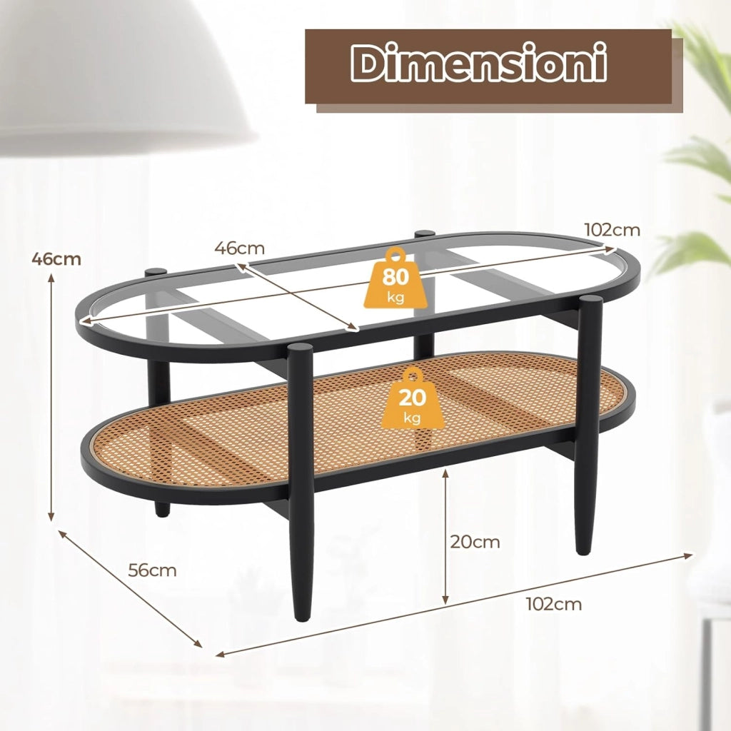 Tavolino da Salotto in Legno Massello e Vetro, Tavolino Basso a 2 Piani con Spazio di Archiviazione, Tavolo Ovale Elegante per Soggiorno e Ufficio (Nero)