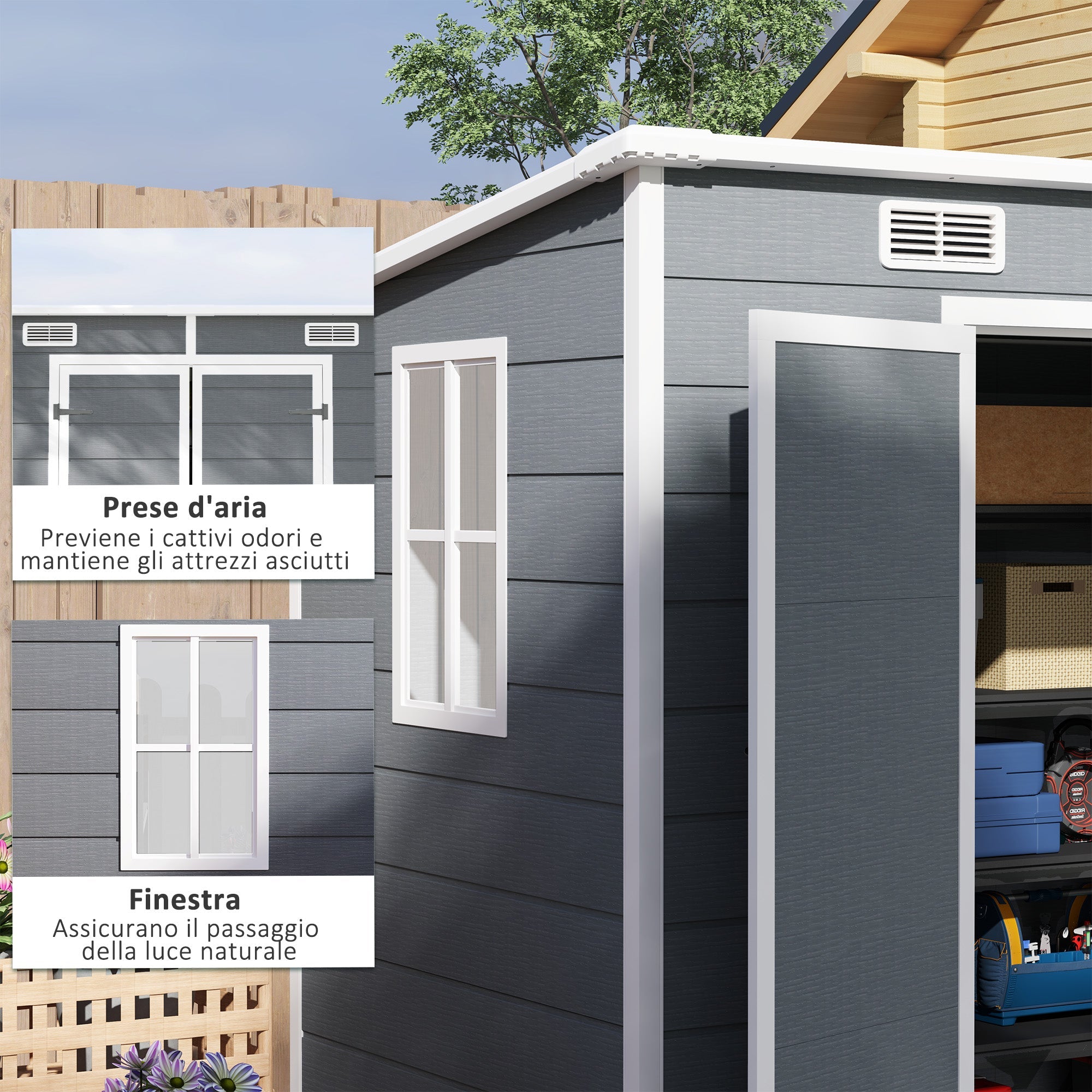 Casetta Box da Giardino 240x130 cm con Pavimento 2 Porte con Blocco e Finestra in Resina Grigio