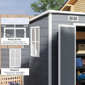 Casetta Box da Giardino 240x130 cm con Pavimento 2 Porte con Blocco e Finestra in Resina Grigio