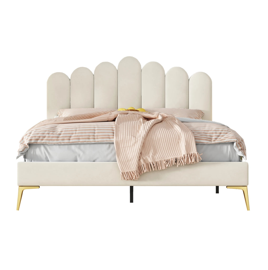 Letto matrimoniale imbottito 140 x 200 cm in velluto beige con testiera regolabile