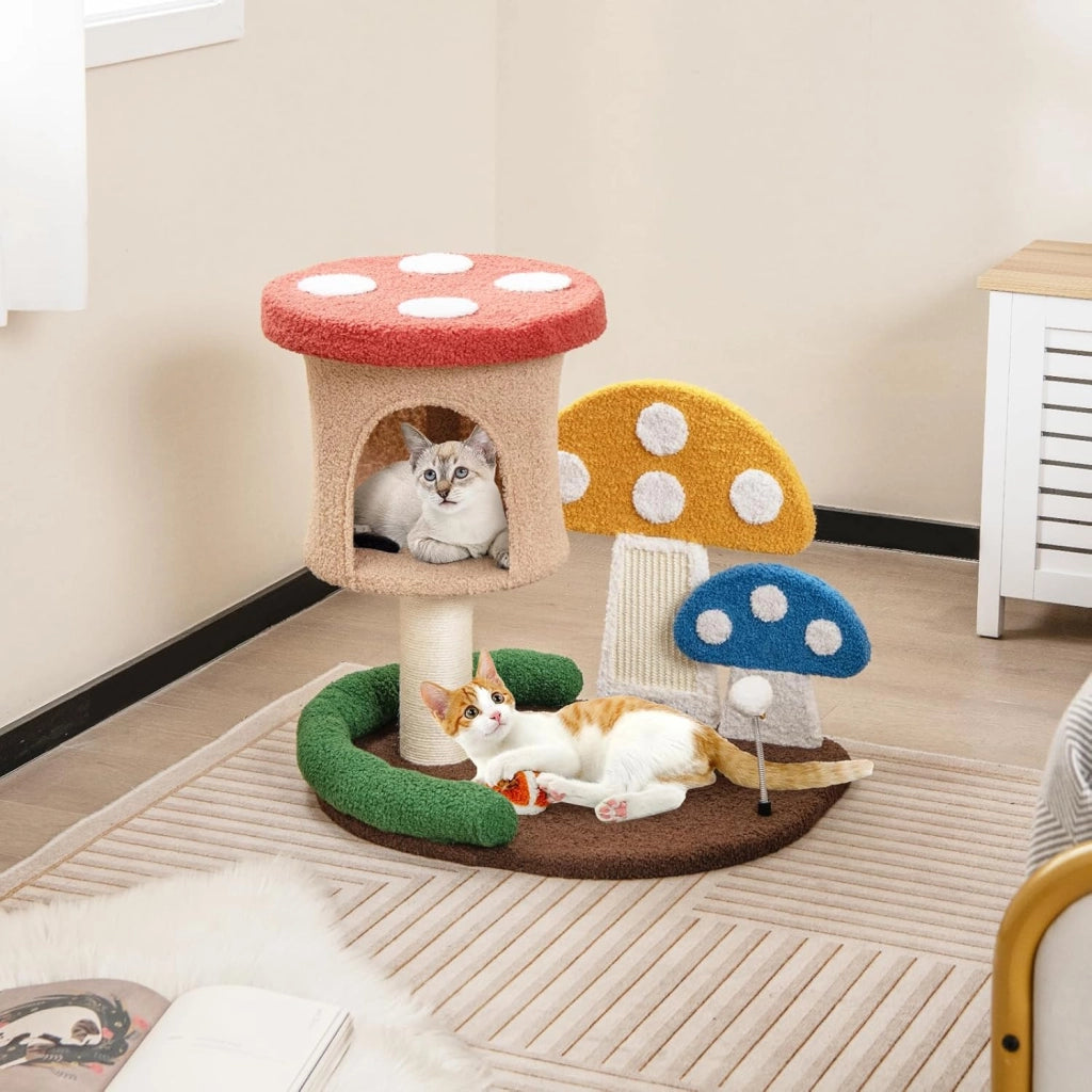Albero per Gatti 4-in-1 con Condo e Piattaforma, Torre per Gattini a Forma di Fungo con Palo Avvolto in Sisal, Tiragraffi e Palla a Molla