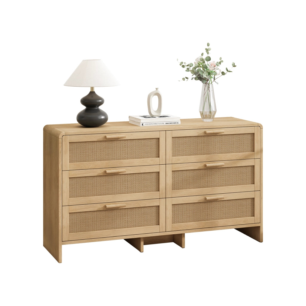 Cassettiera con 6 Cassetti; Angoli Arrotondati; Design in Rattan Naturale; in Truciolare; 130??40??80 cm; Naturale