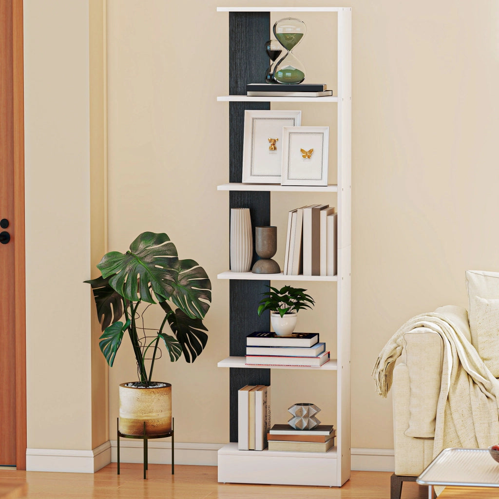 Libreria 5 Ripiani in Legno Bianco e Nero Moderna Salvaspazio ¨C zephmum ¨C 45x21x170