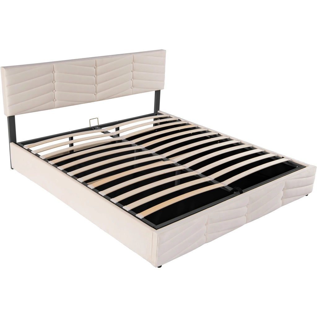 Letti contenitori 160x200 cm; contenitore idraulico e testiera regolabile; velluto beige (Senza materasso)