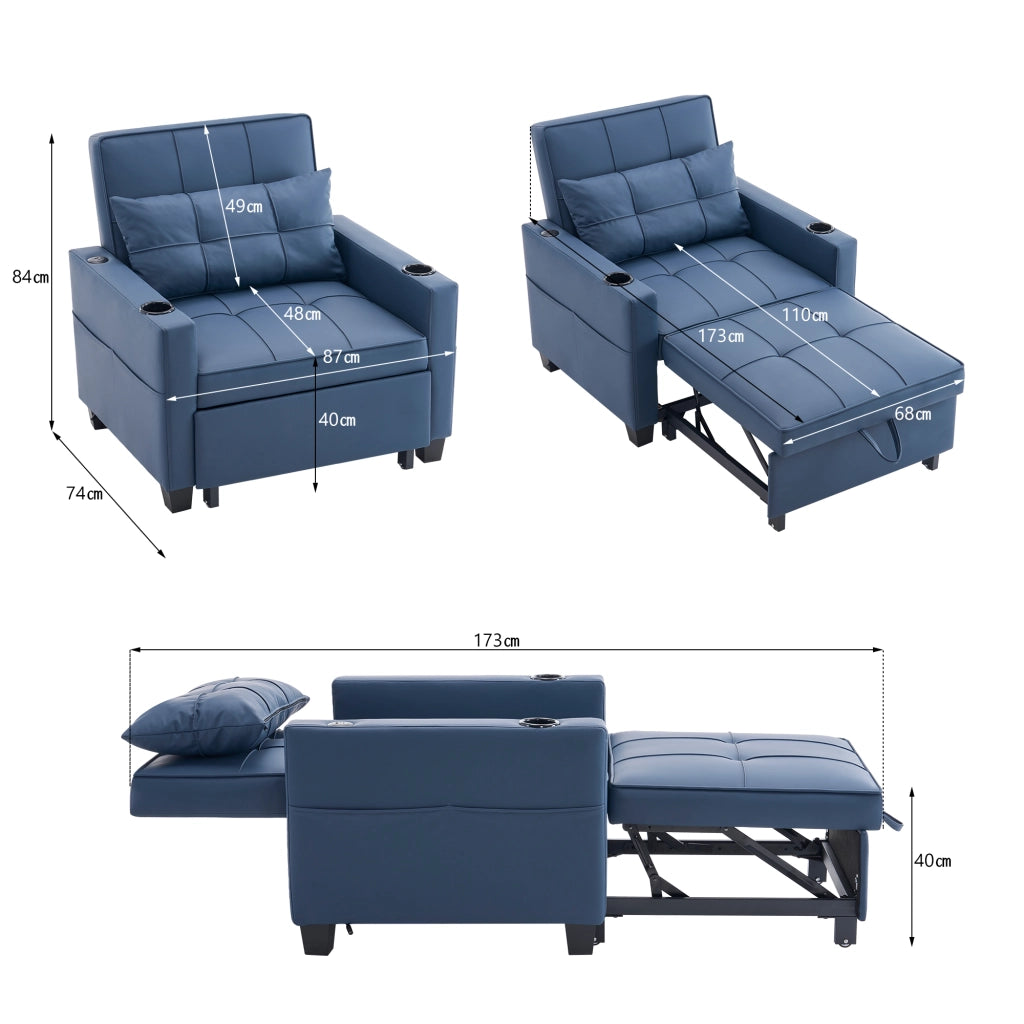 Divano convertibile 3 in 1 con funzione letto e tasca laterale salvaspazio per piccoli spazi in legno e metallo blu