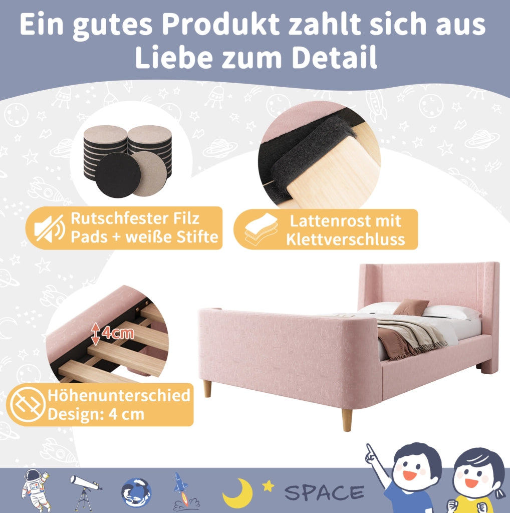 Letto singolo a slitta 90x200 cm in velluto rosa con motivo spaziale; per cameretta bambini