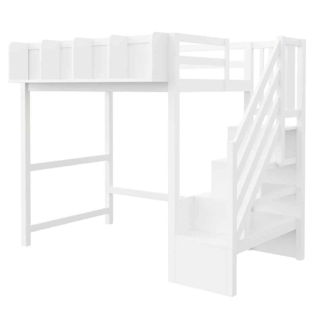 LETTO a soppalco 90x200 cm in legno bianco con LED, scala laterale e vani portaoggetti