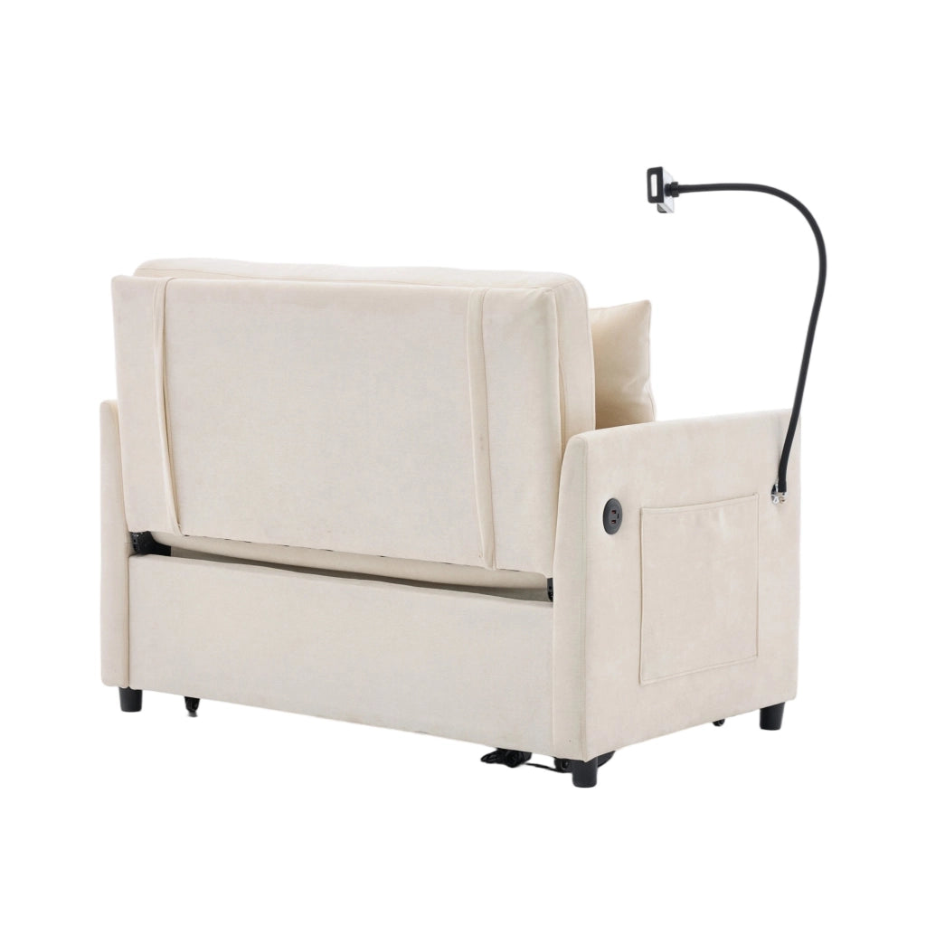 Divano letto multifunzione con porta USB e supporto tablet in tessuto lino spazzolato beige 109 × 72 × 83,5 cm