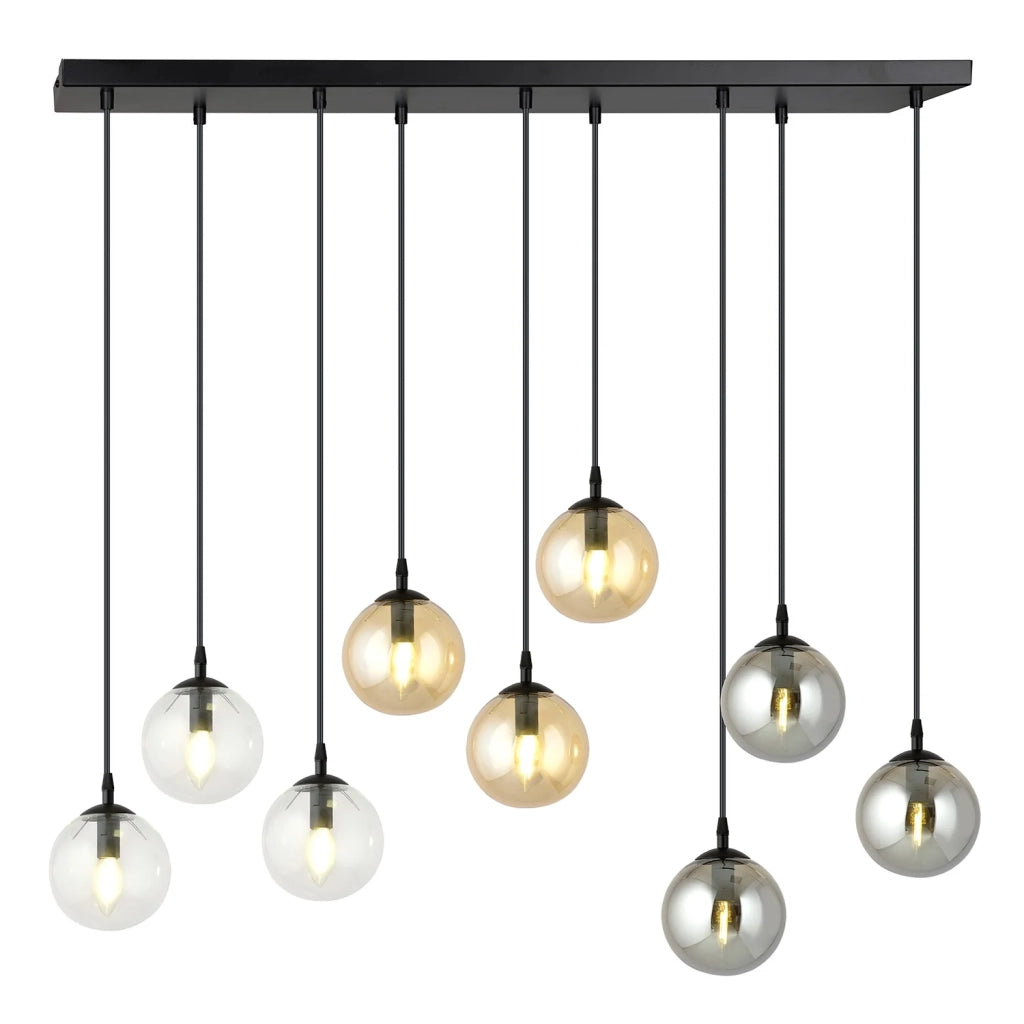 Sospensione Moderna 9 Luci Kali In Acciaio Nero E Sfere In Vetro Multicolor