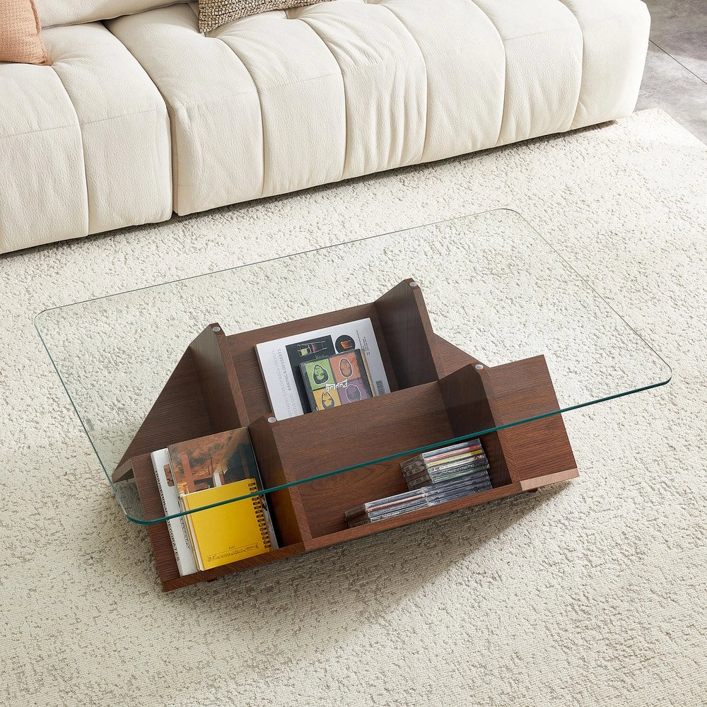 Tavolino da Caff¨¨ con Ripiani ¨C MINIMAL ¨C Vetro Temperato, MDF, Effetto Noce, Moderno